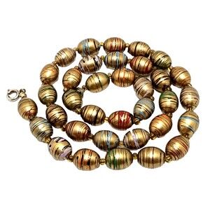Vintage Lucite Copper Swirl Beaded Necklace Amber Spacers 21” Mid Century Modern